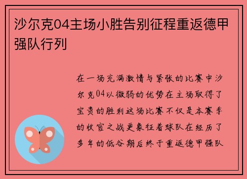 沙尔克04主场小胜告别征程重返德甲强队行列